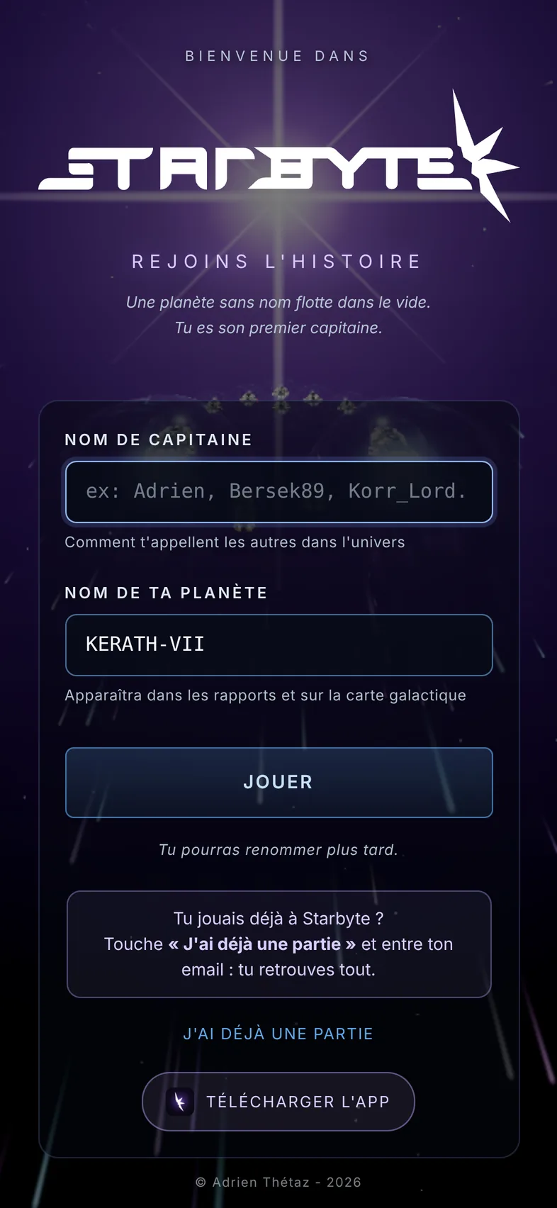 Capture du jeu : l'écran d'accueil où l'on nomme son capitaine et sa planète